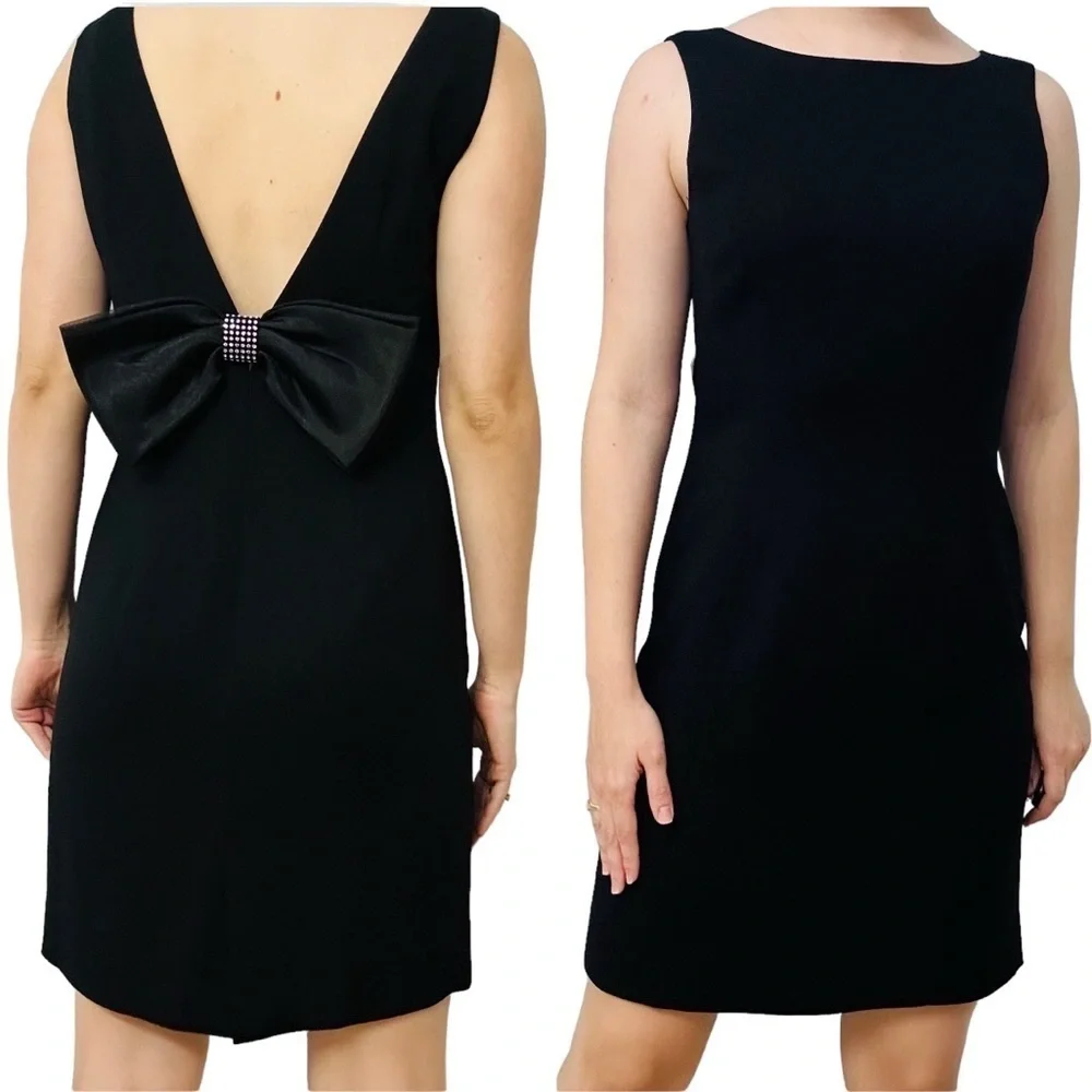 Vintage Dress Mini Little Black Sheath Bow Glam Dainty Coquette Size 10 Medium - Picture 1 of 4